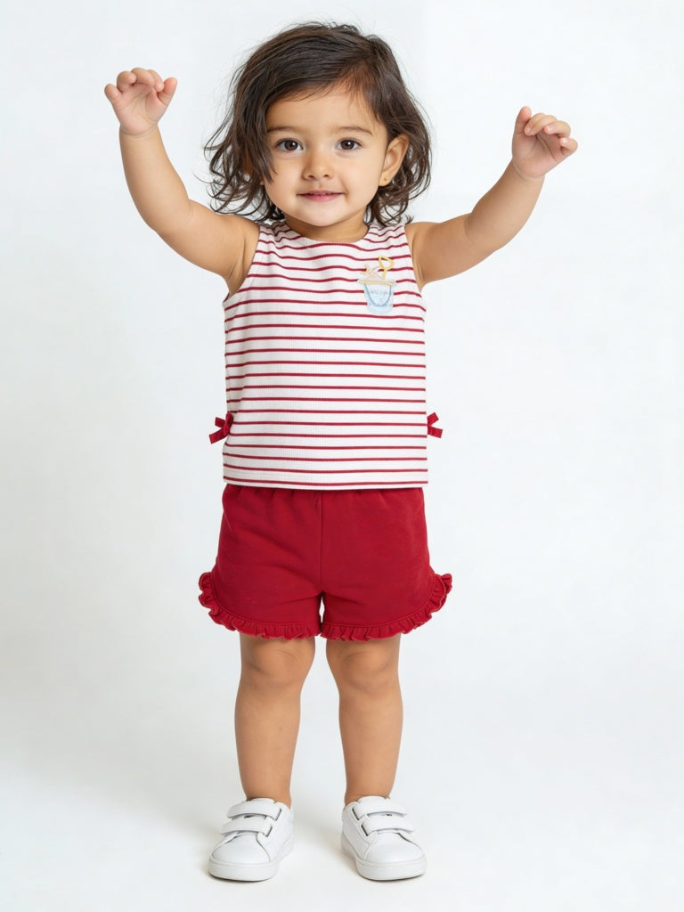 HOP Baby Girls Red Striped Cotton T-Shirt and Shorts Set