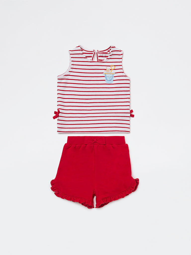 HOP Baby Girls Red Striped Cotton T-Shirt and Shorts Set