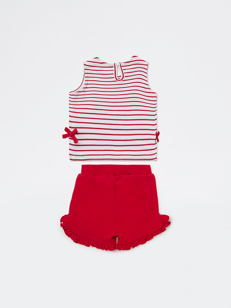 HOP Baby Girls Red Striped Cotton T-Shirt and Shorts Set