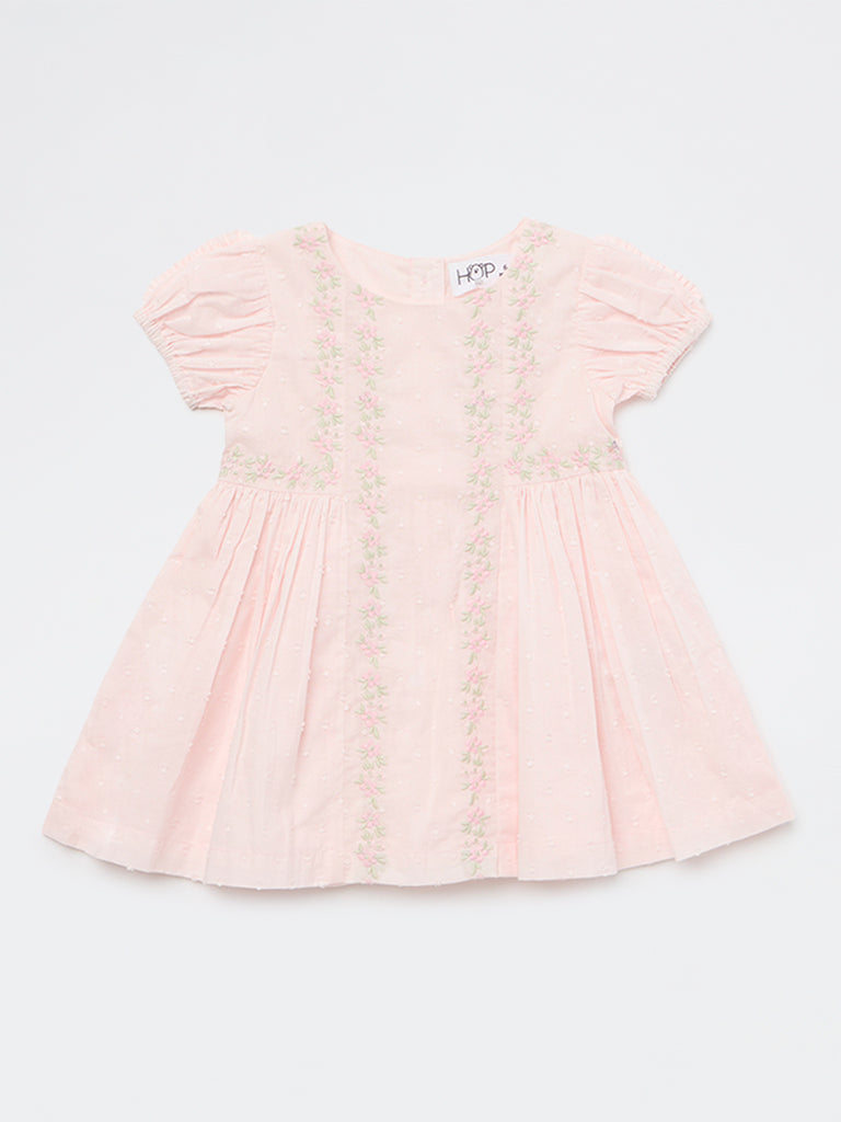HOP Baby Girls Pink Floral Embroidered A-Line Cotton Dress