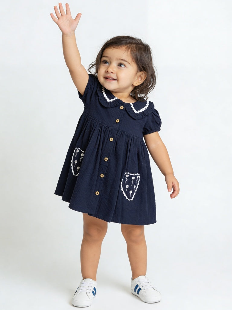 HOP Baby Girls Navy Cotton Fit And Flare Dress
