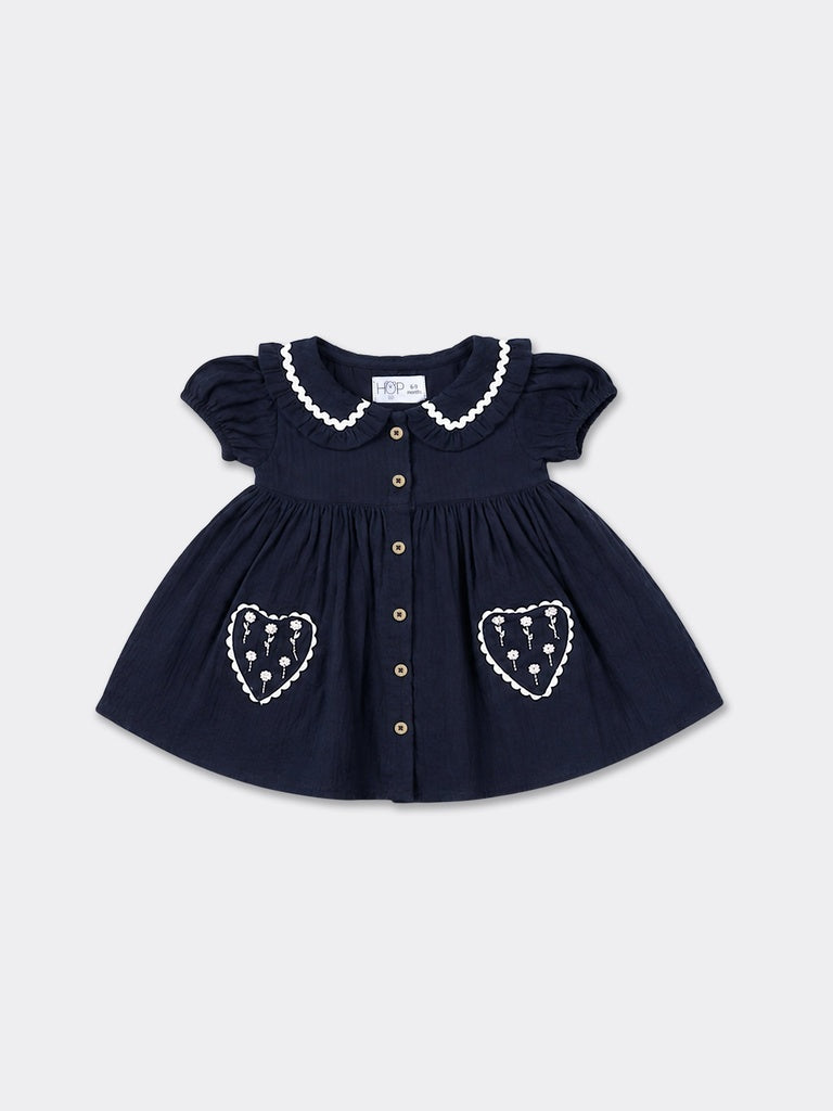HOP Baby Girls Navy Cotton Fit And Flare Dress