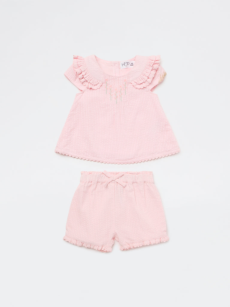 HOP Baby Girls Pink Floral Cotton Top and Shorts Set