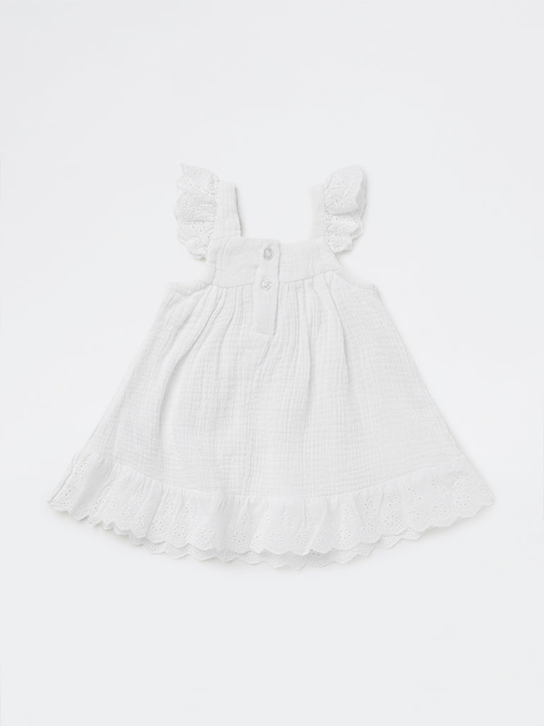 HOP Baby Girls White Crinkle-Textured A-line Cotton Dress