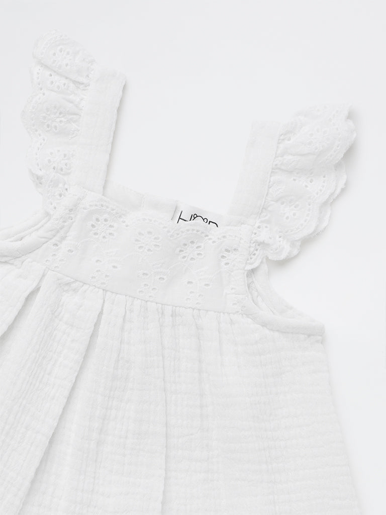 HOP Baby Girls White Crinkle-Textured A-line Cotton Dress