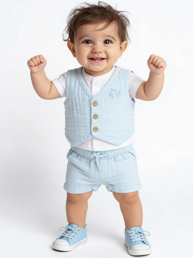 HOP Baby Boys Light Blue Textured Cotton Waistcoat, Shirt, Shorts and Bow Set