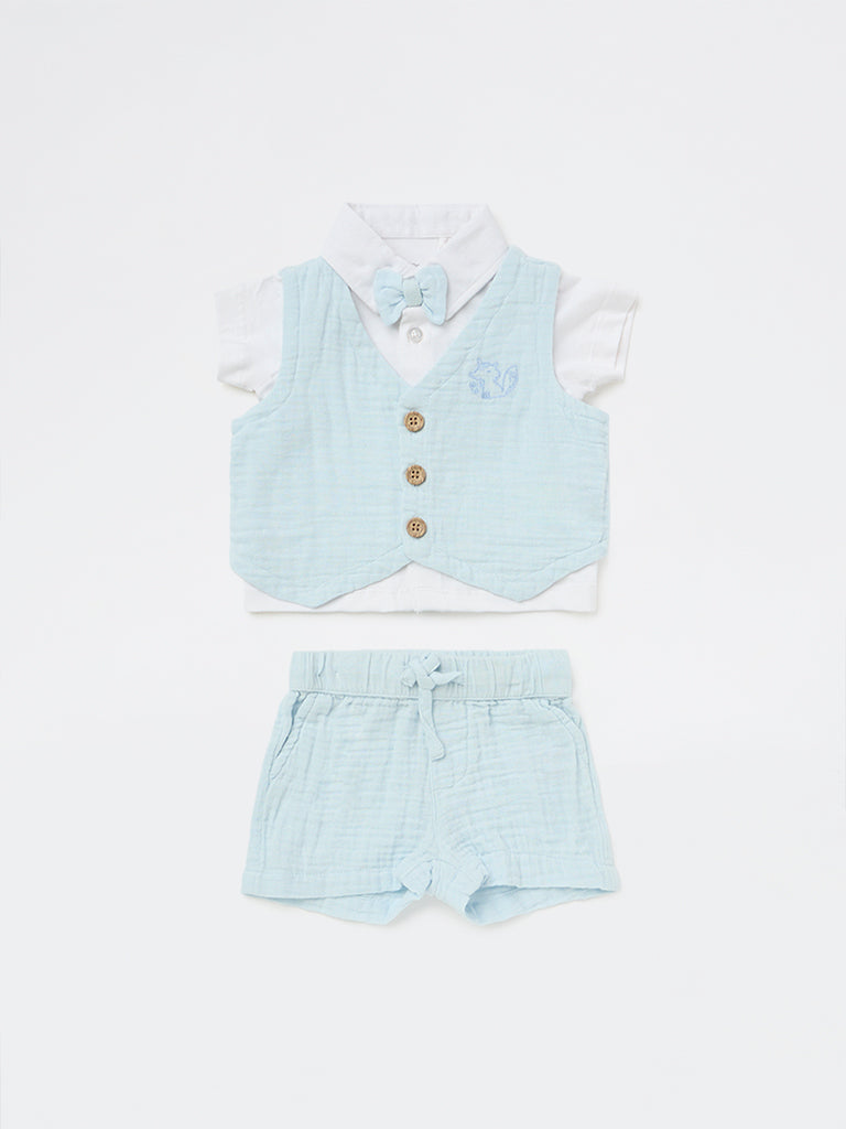 HOP Baby Boys Light Blue Textured Cotton Waistcoat, Shirt, Shorts and Bow Set