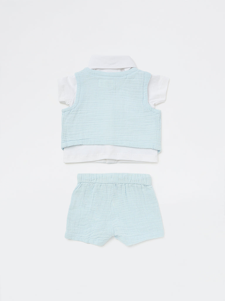 HOP Baby Boys Light Blue Textured Cotton Waistcoat, Shirt, Shorts and Bow Set