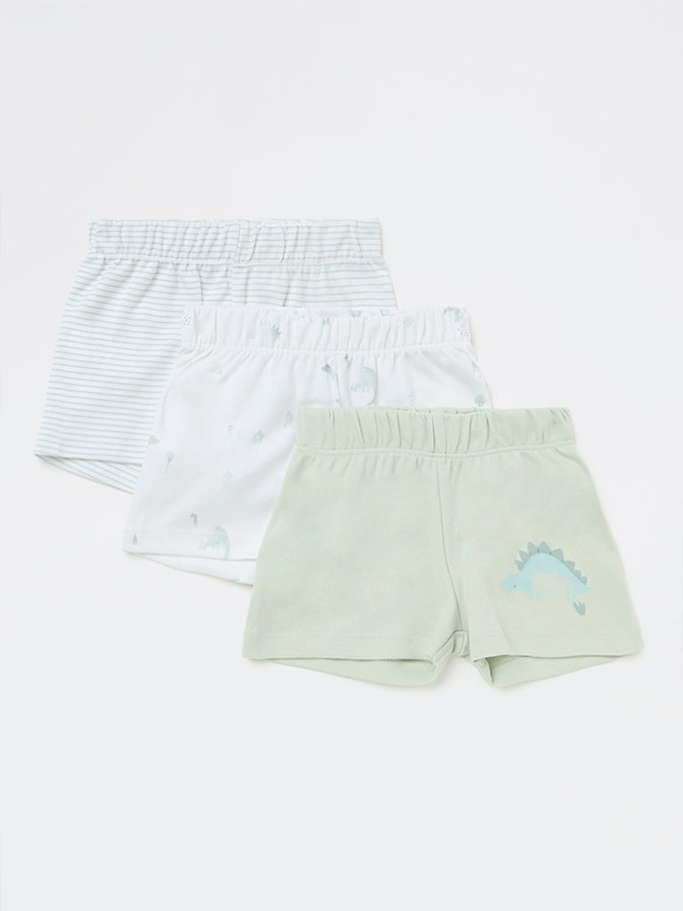 HOP Baby Boys Sage Animal Printed Mid-Rise Cotton Shorts - Pack of 3