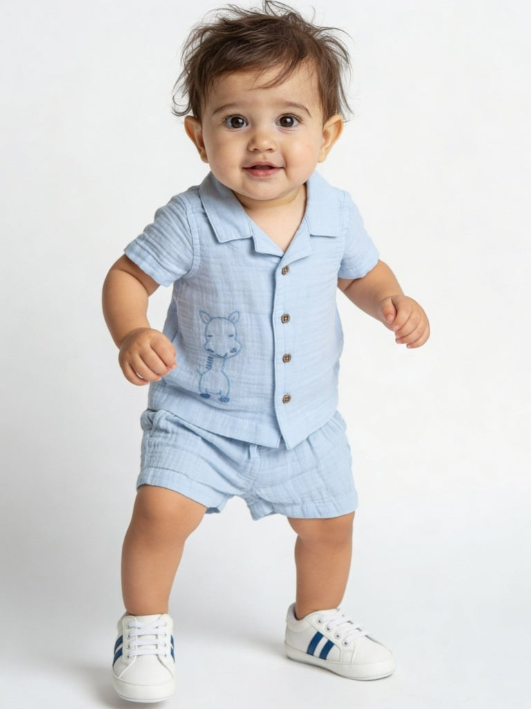 HOP Baby Boys Blue Embroidered Cotton Shirt and Shorts Set