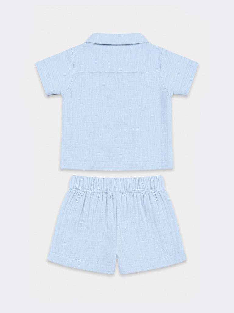 HOP Baby Boys Blue Embroidered Cotton Shirt and Shorts Set
