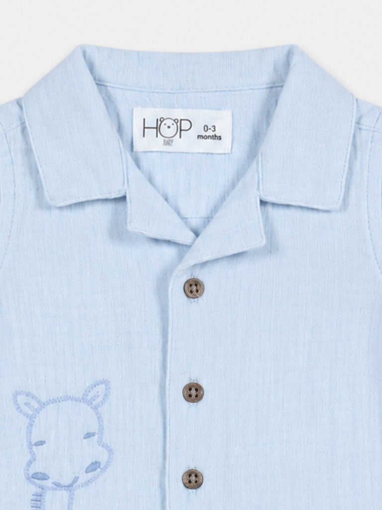 HOP Baby Boys Blue Embroidered Cotton Shirt and Shorts Set