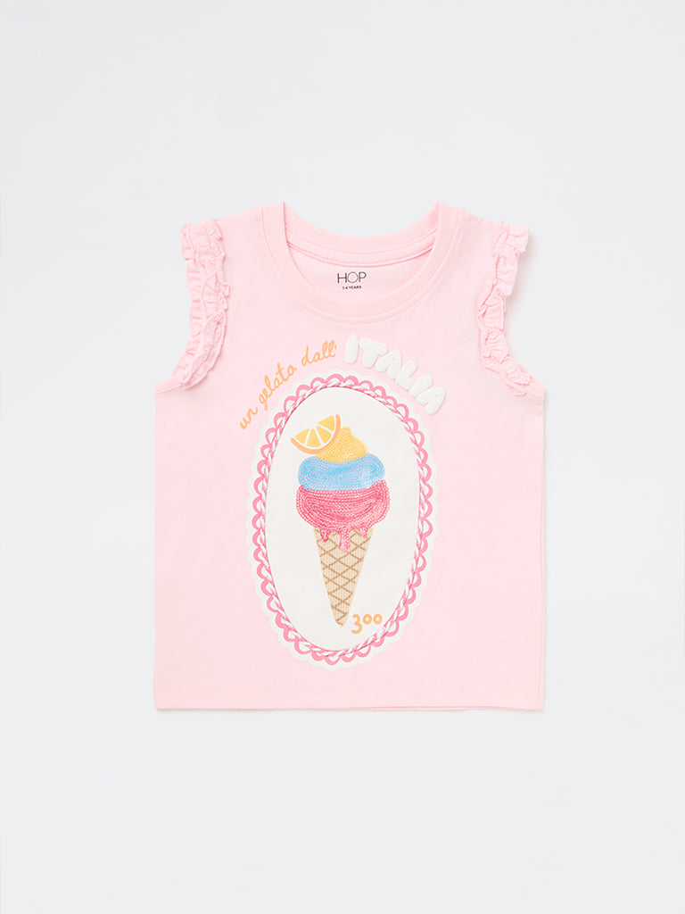 HOP Kids Girls Pink Ice-Cream Design Cotton Top