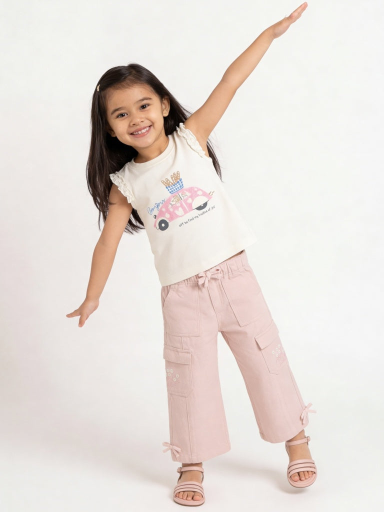HOP Kids Girls Off-White Graphic Printed Cotton Top