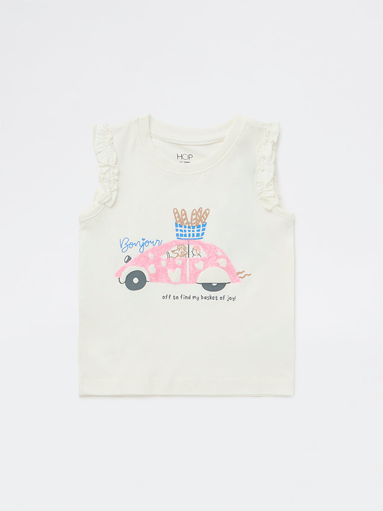 HOP Kids Girls Off-White Graphic Printed Cotton Top
