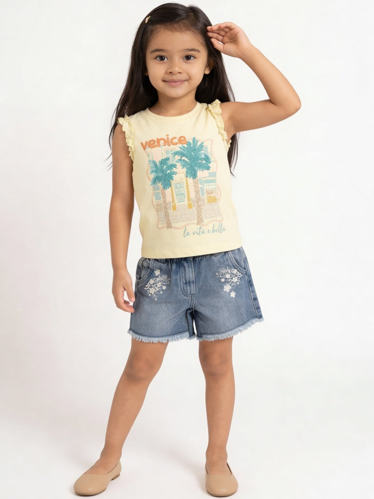 HOP Kids Girls Yellow Cityscape Printed Cotton Top