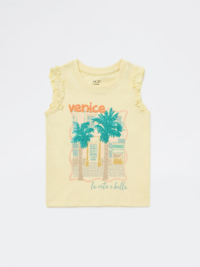 HOP Kids Girls Yellow Cityscape Printed Cotton Top