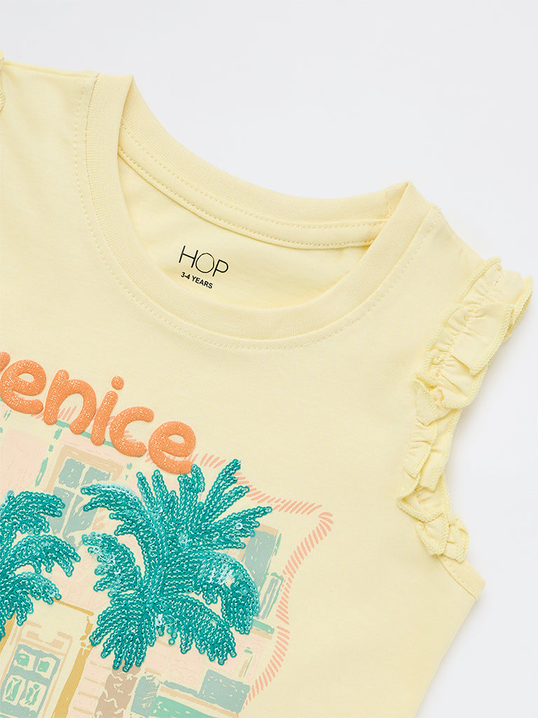 HOP Kids Girls Yellow Cityscape Printed Cotton Top