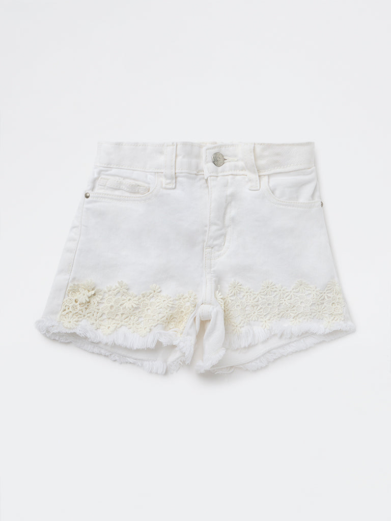 HOP Kids Girls Off-White Floral High-Rise Denim Shorts