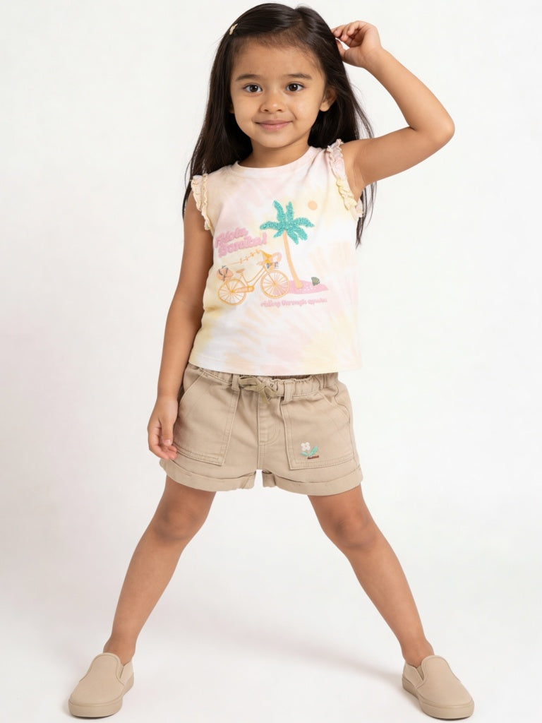 HOP Kids Girls Taupe Embroidered High-Rise Denim Shorts