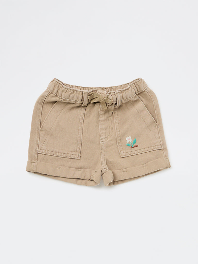 HOP Kids Girls Taupe Embroidered High-Rise Denim Shorts