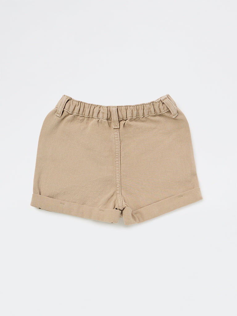 HOP Kids Girls Taupe Embroidered High-Rise Denim Shorts