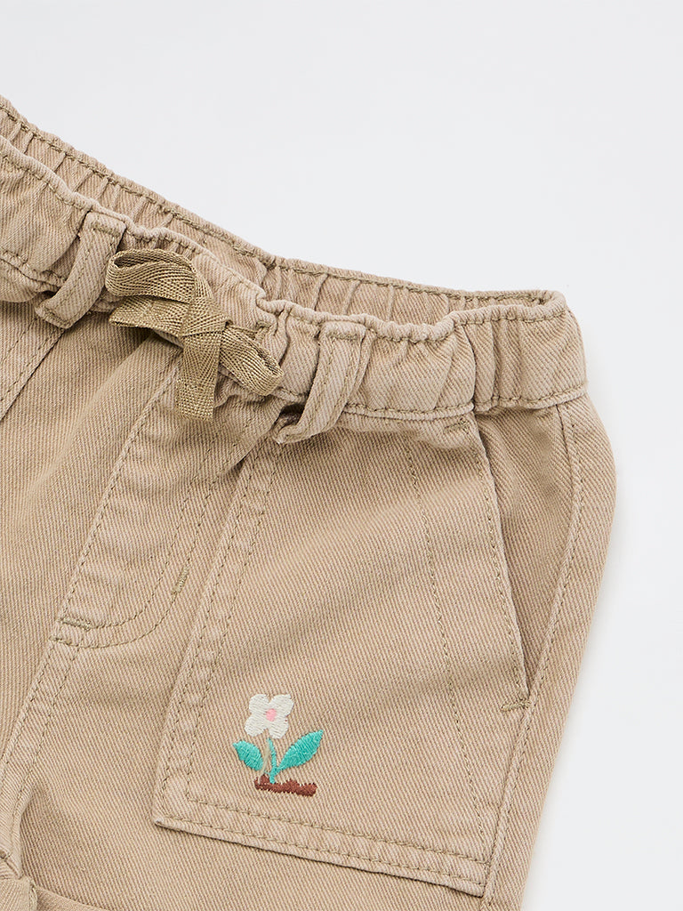 HOP Kids Girls Taupe Embroidered High-Rise Denim Shorts