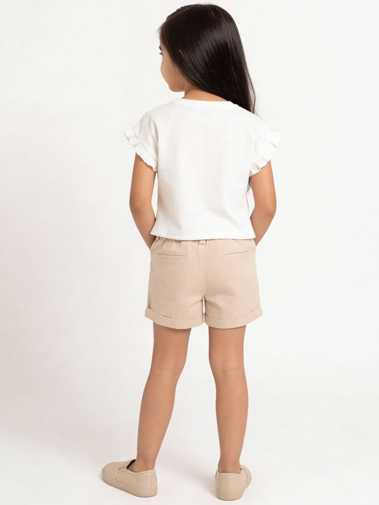 HOP Kids Girls Light Beige Embroidered High-Rise Denim Shorts