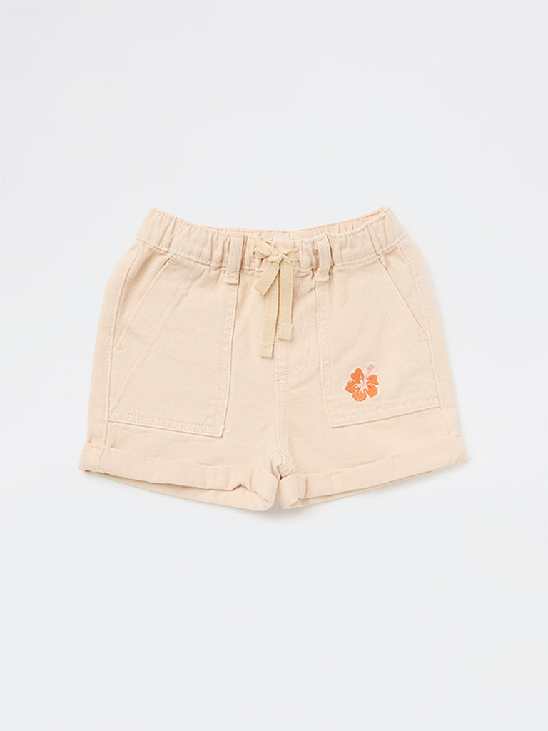 HOP Kids Girls Light Beige Embroidered High-Rise Denim Shorts