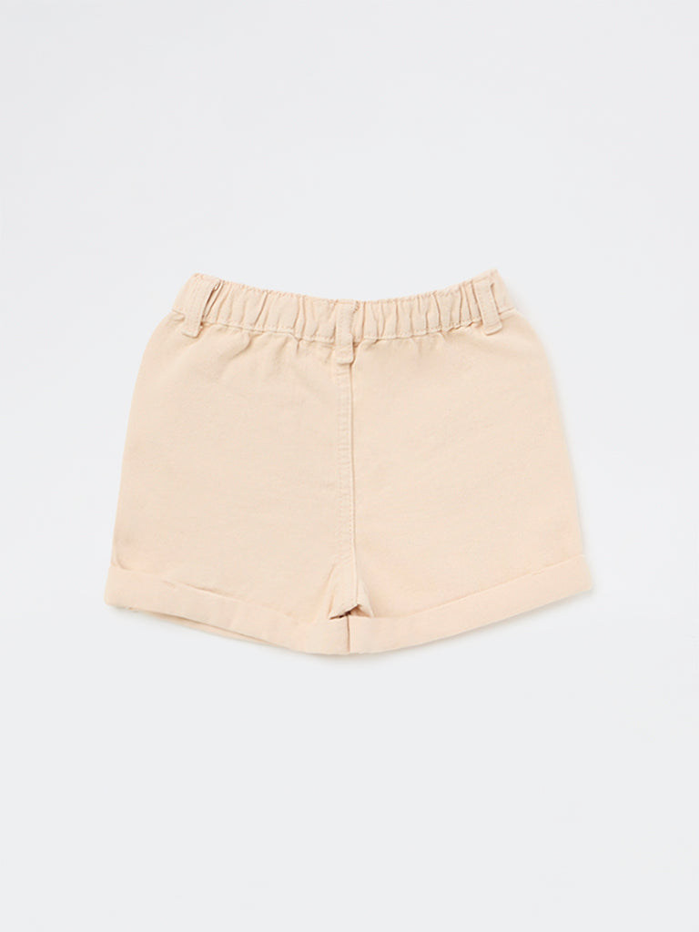 HOP Kids Girls Light Beige Embroidered High-Rise Denim Shorts
