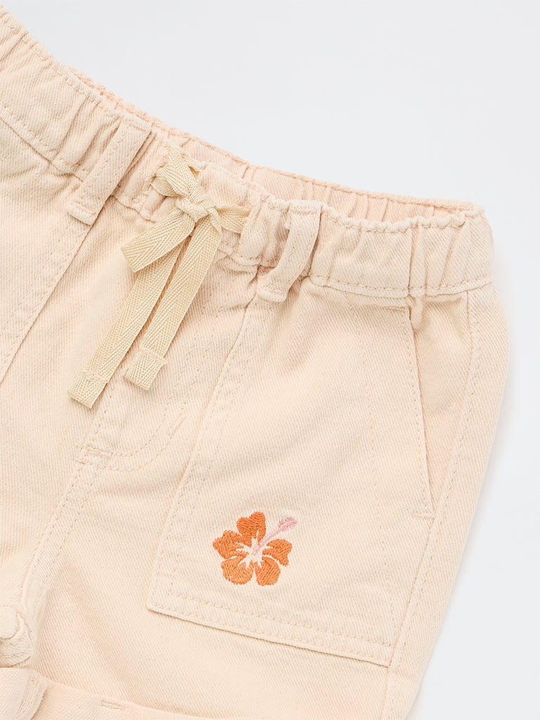 HOP Kids Girls Light Beige Embroidered High-Rise Denim Shorts