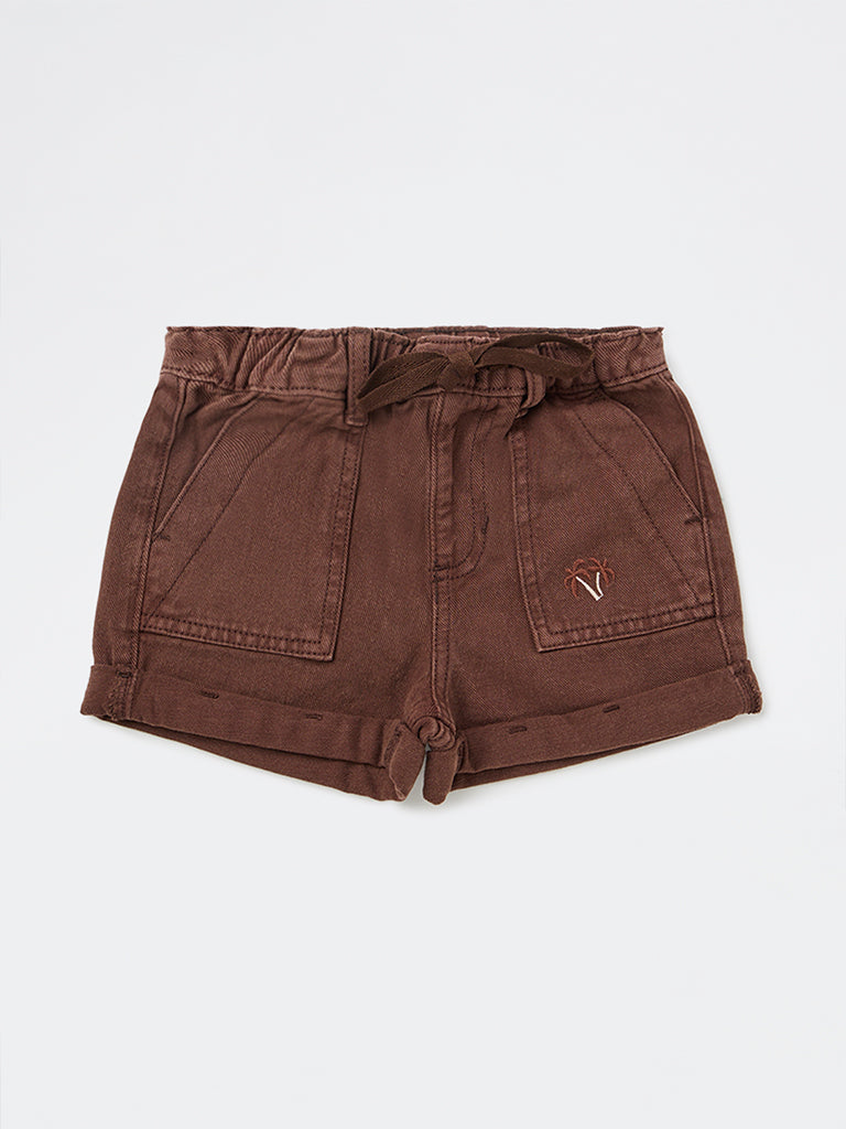 HOP Kids Girls Dark Brown High-Rise Denim Shorts