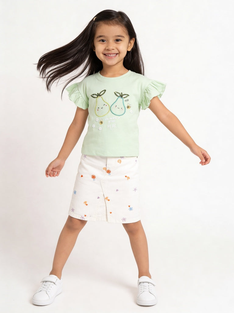HOP Kids Girls Off-White Embroidered Denim Skirt