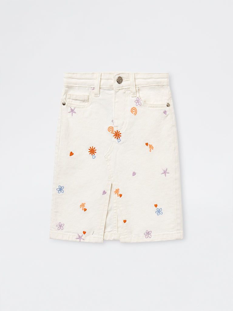 HOP Kids Girls Off-White Embroidered Denim Skirt