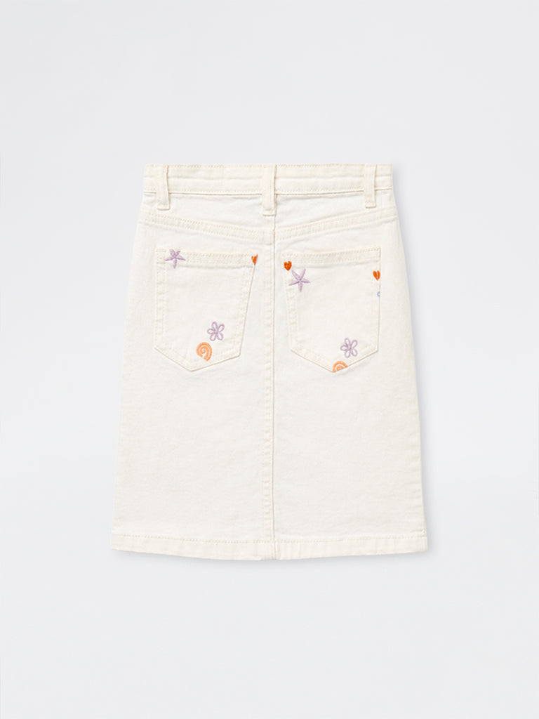 HOP Kids Girls Off-White Embroidered Denim Skirt