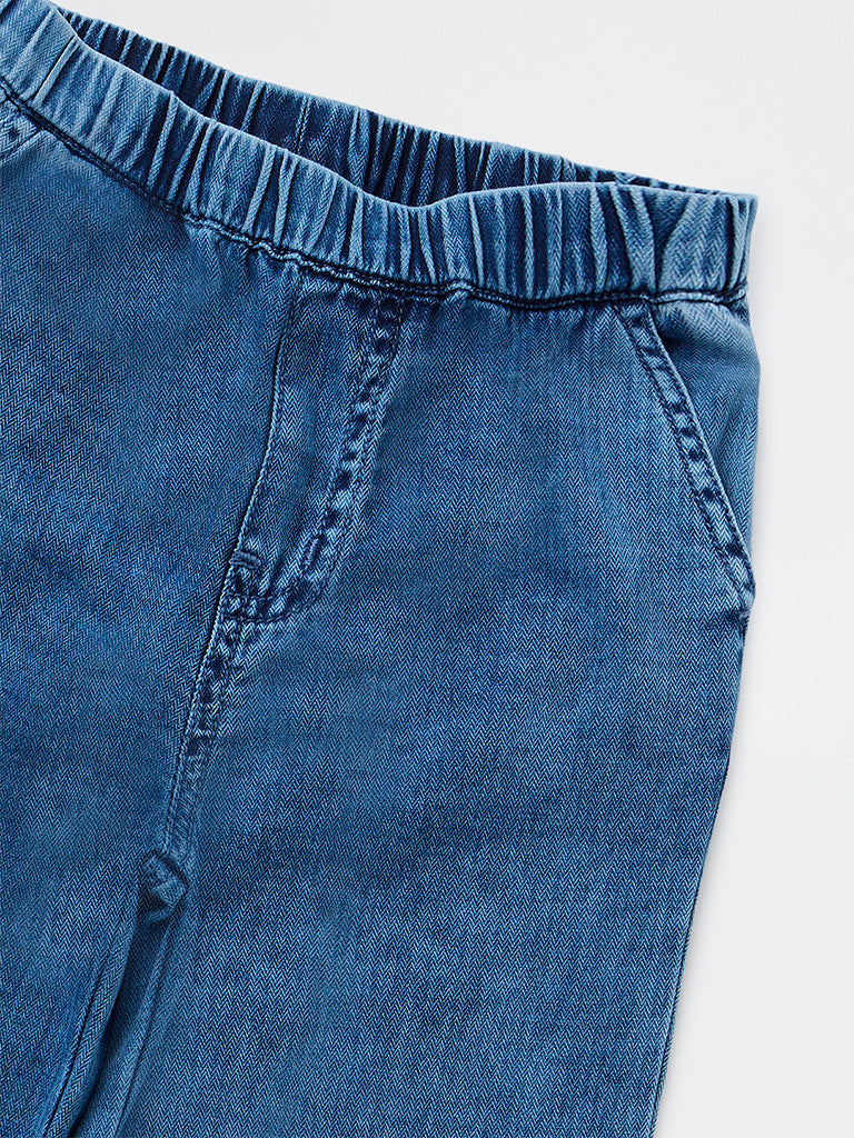 HOP Kids Girls Blue High-Rise Ruffled Hem Denim Trousers