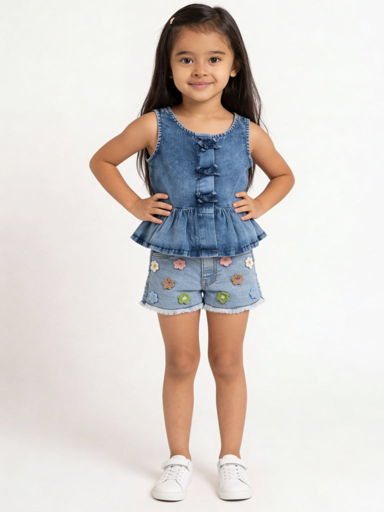HOP Kids Girls Blue Faded Denim Peplum Top