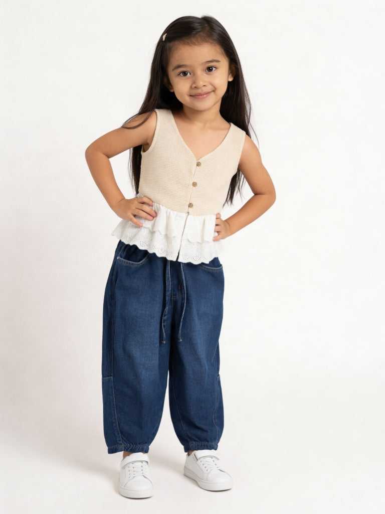 HOP Kids Girls Beige Waffle Textured Cotton Peplum Top