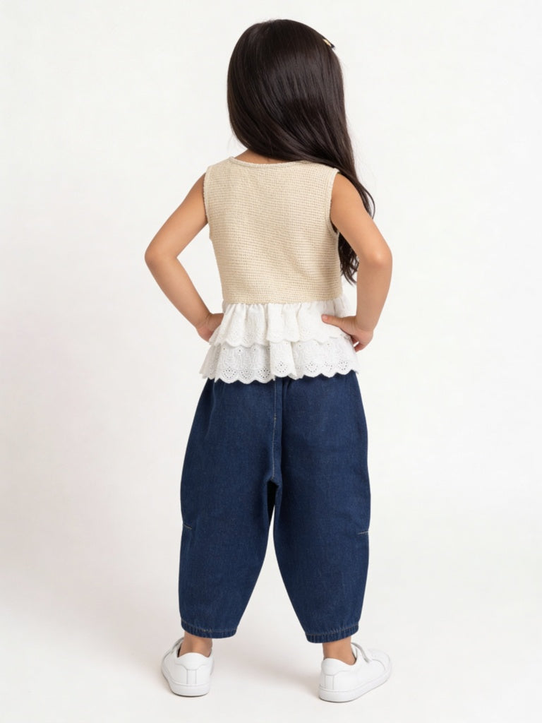 HOP Kids Girls Beige Waffle Textured Cotton Peplum Top