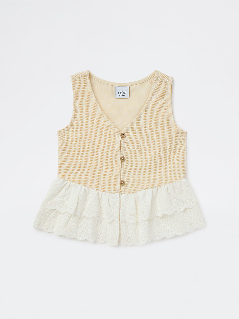 HOP Kids Girls Beige Waffle Textured Cotton Peplum Top