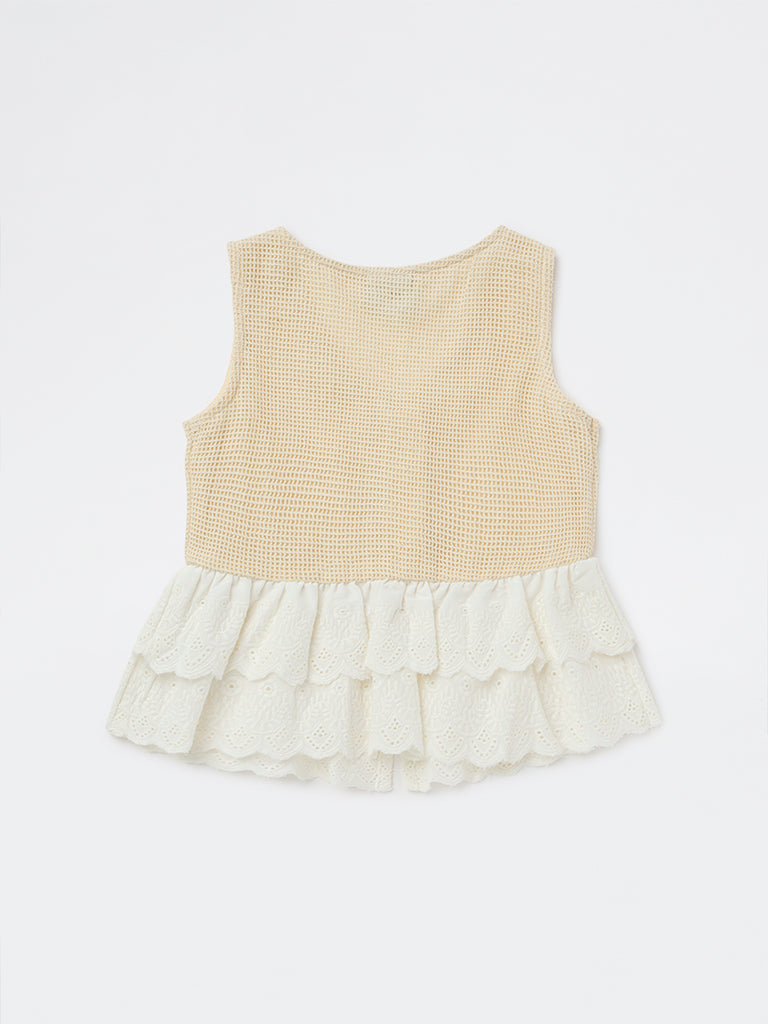 HOP Kids Girls Beige Waffle Textured Cotton Peplum Top