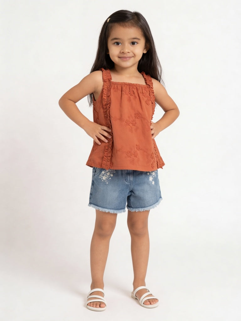 HOP Kids Girls Orange Floral Embroidered Cotton Top