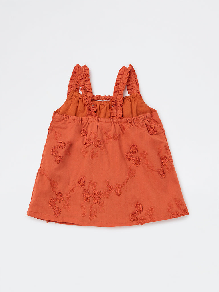 HOP Kids Girls Orange Floral Embroidered Cotton Top
