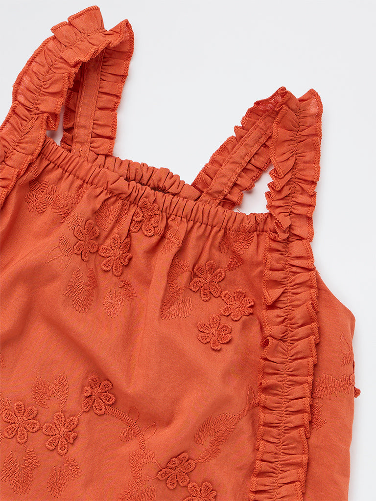 HOP Kids Girls Orange Floral Embroidered Cotton Top