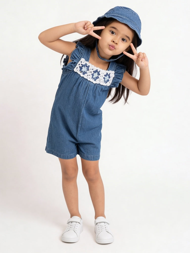 HOP Kids Girls Blue Crochet Denim Jumpsuit with Hat