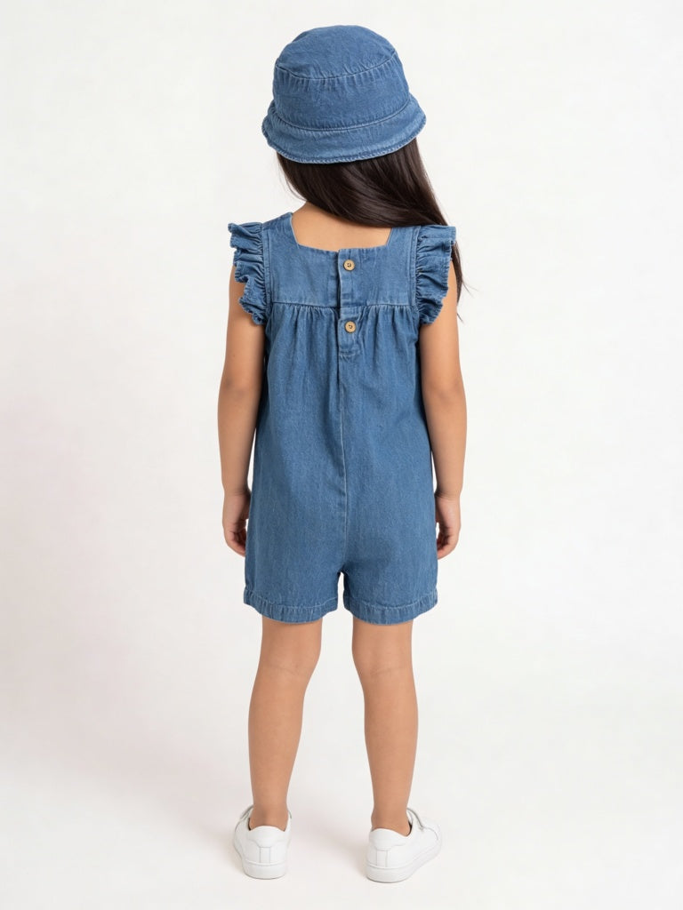 HOP Kids Girls Blue Crochet Denim Jumpsuit with Hat