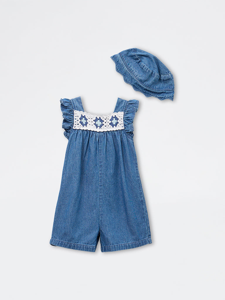 HOP Kids Girls Blue Crochet Denim Jumpsuit with Hat