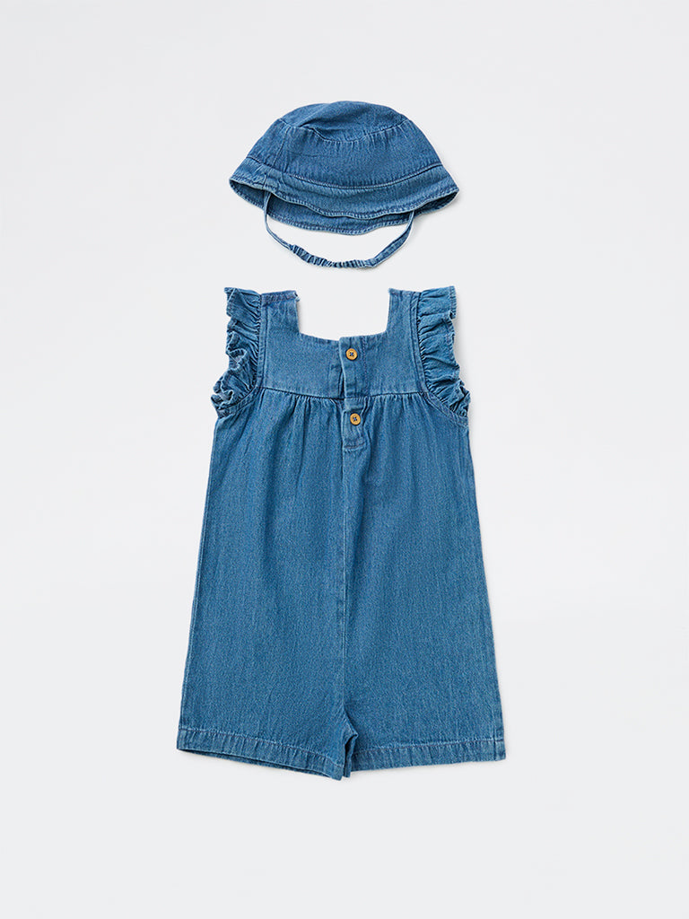 HOP Kids Girls Blue Crochet Denim Jumpsuit with Hat