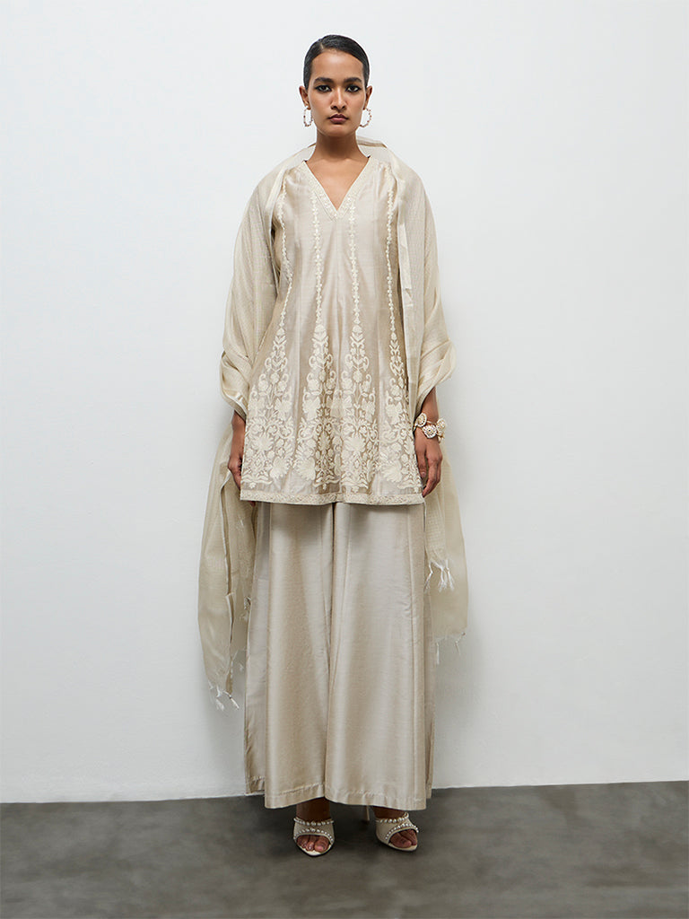 Vark Light Taupe Embroidered A-Line Ethnic Set