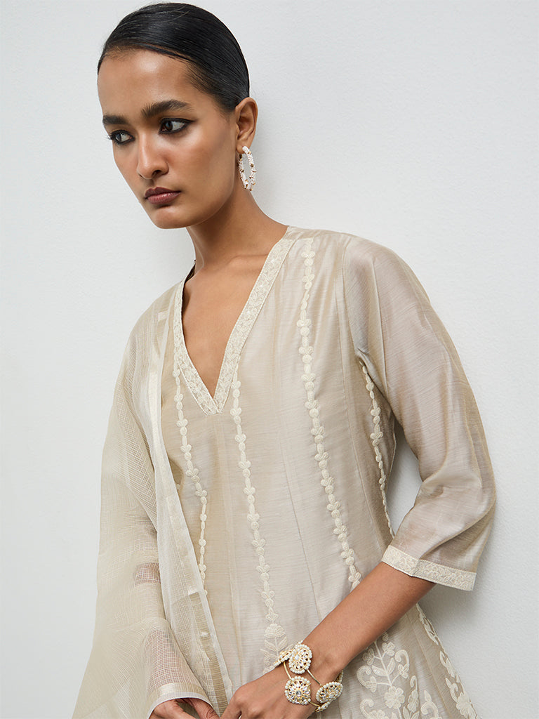 Vark Light Taupe Embroidered A-Line Ethnic Set